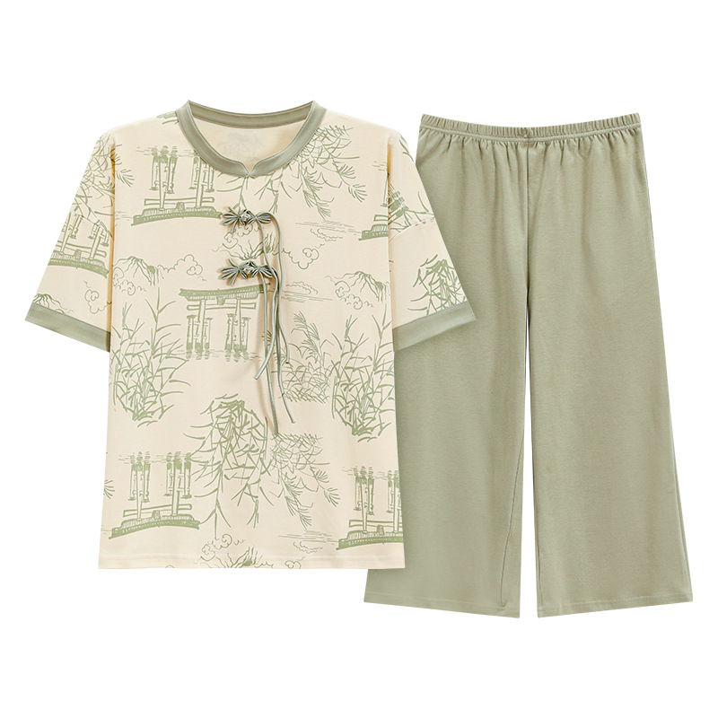 Summer New Pajamas Women's Short-sleeved Cropped Pants New Chinese Style Antique National Style Sweet Casual Home Clothes for Outer Wear
