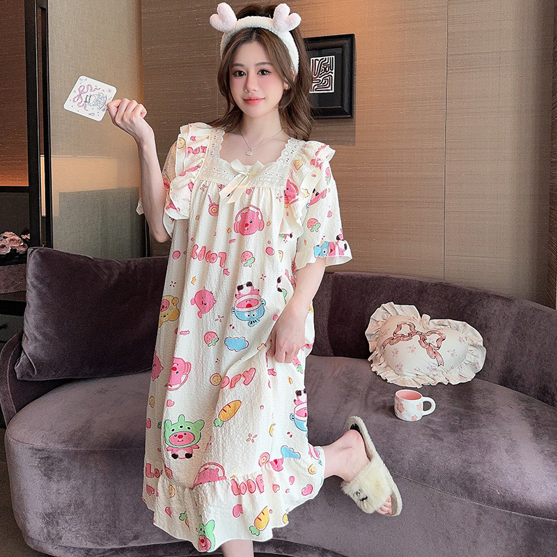 Summer Bubble Cotton Nightgown Women's Cute Sweet Princess Style Short-sleeved Mid-length Nightgown Plus Large Size Home Clothes