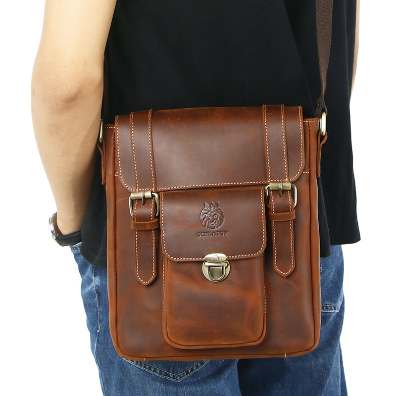 Lion Leiden Crazy Horse Leather Men's Fashion Shoulder Crossbody Bag Top Layer Cowhide Men's Bag British Retro Genuine Leather Messenger Bag