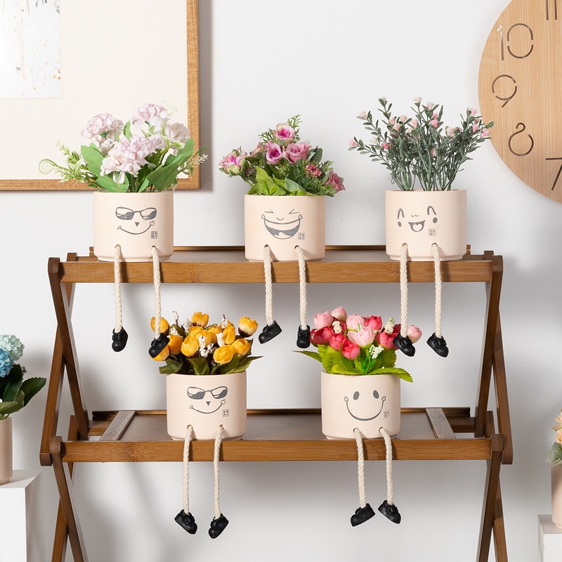 Creative Expression Hanging Feet Doll Ceramic Flower Pot Artificial Flower Potted Plant Green Plant Indoor Balcony Desktop Decoration Crafts