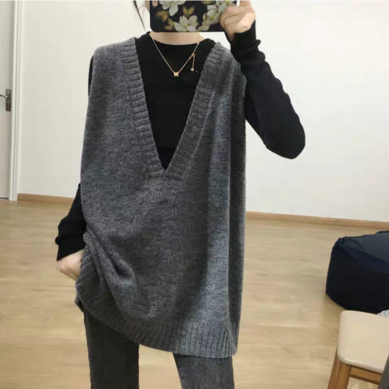 Korean Style Simple Lazy Style Deep V-Neck Knitted Vest Mid-length Loose Large Size Sweater Women's All-match Outer Wear Vest