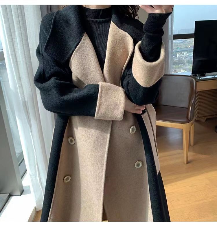 Uldfrakke Dame lang 2023 vinter Ny dobbeltsidet fleece uld farveblok Elegant Hepburn stil slankende frakke_voghion.com