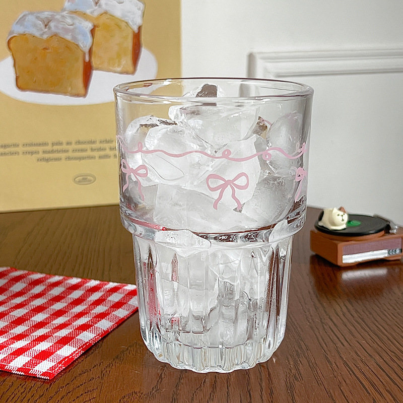 Bolimei Ins Wind Powder Bowknot Glass Girl's Heart Cold Juice Cup Milk Coffee Cup Breakfast Cup