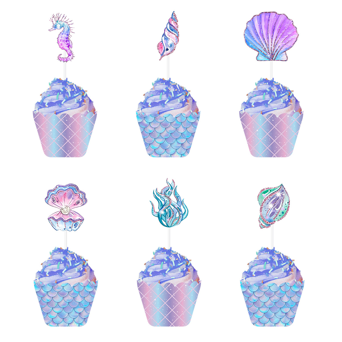 Cross-border 2023 Mermaid theme party decoration happy birthday flag cake insert card edge wholesale customization