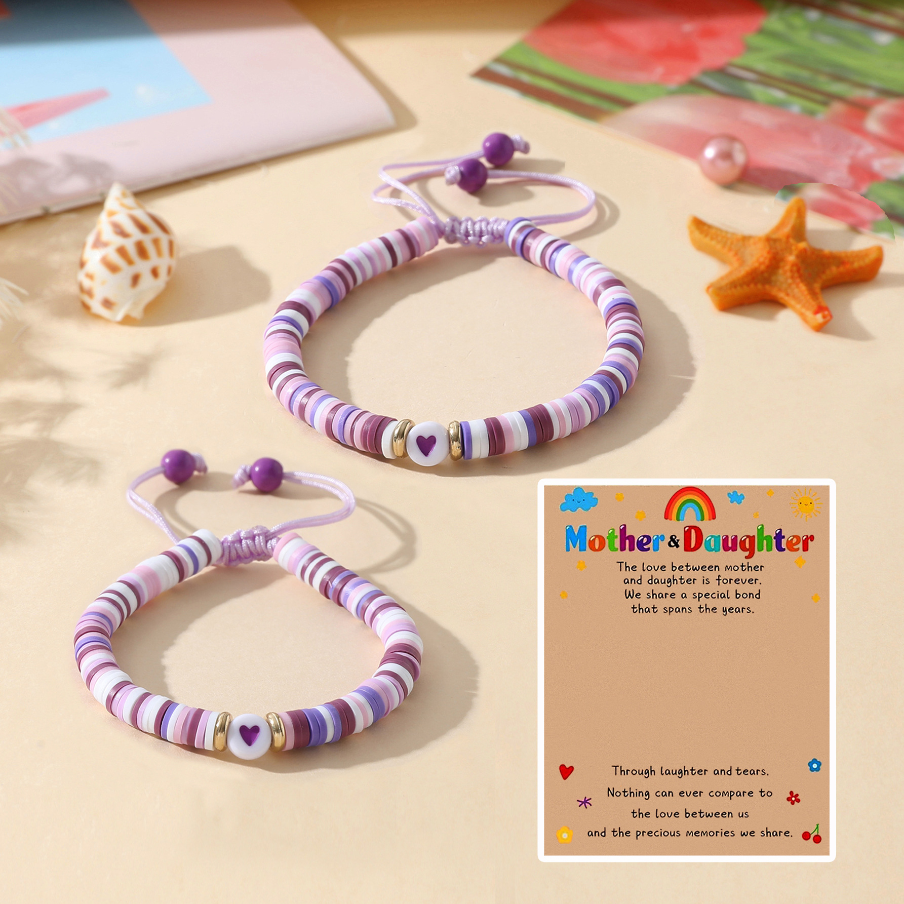 Cross-border Jewelry Temu Hot Mother's Day Bracelet Creative Soft Pottery Beaded Heart-shaped Mother and Daughter Parent-child Hand Rope for Women