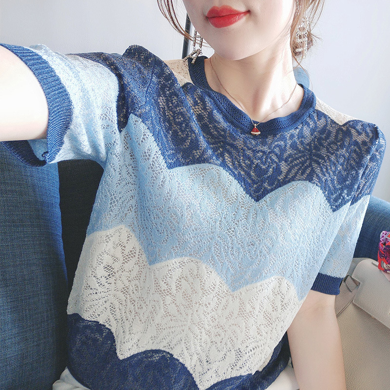 Fixed dye loose fog Blue, foreign style and white 2023 Summer new short sleeve hollow ice silk knitted sweater T-shirt Women