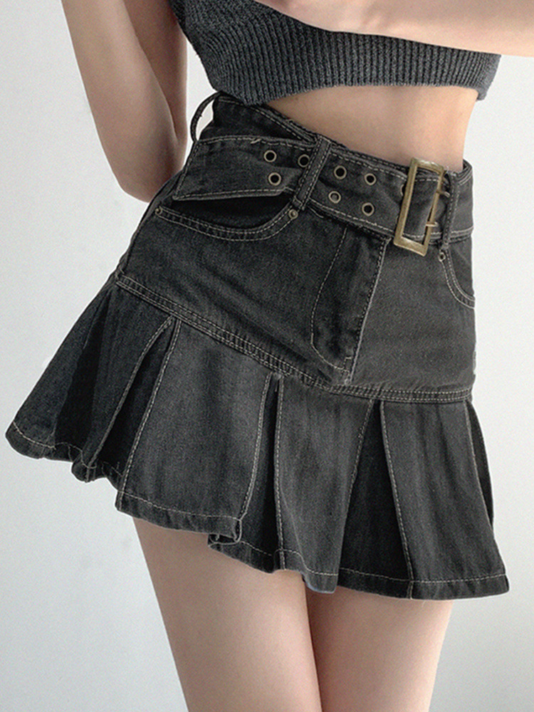 Spice Girl Denim Skirt Women's Summer Pleated Skirt 2023 New Design High Waist Slimming A- line Short Skirt Trendy