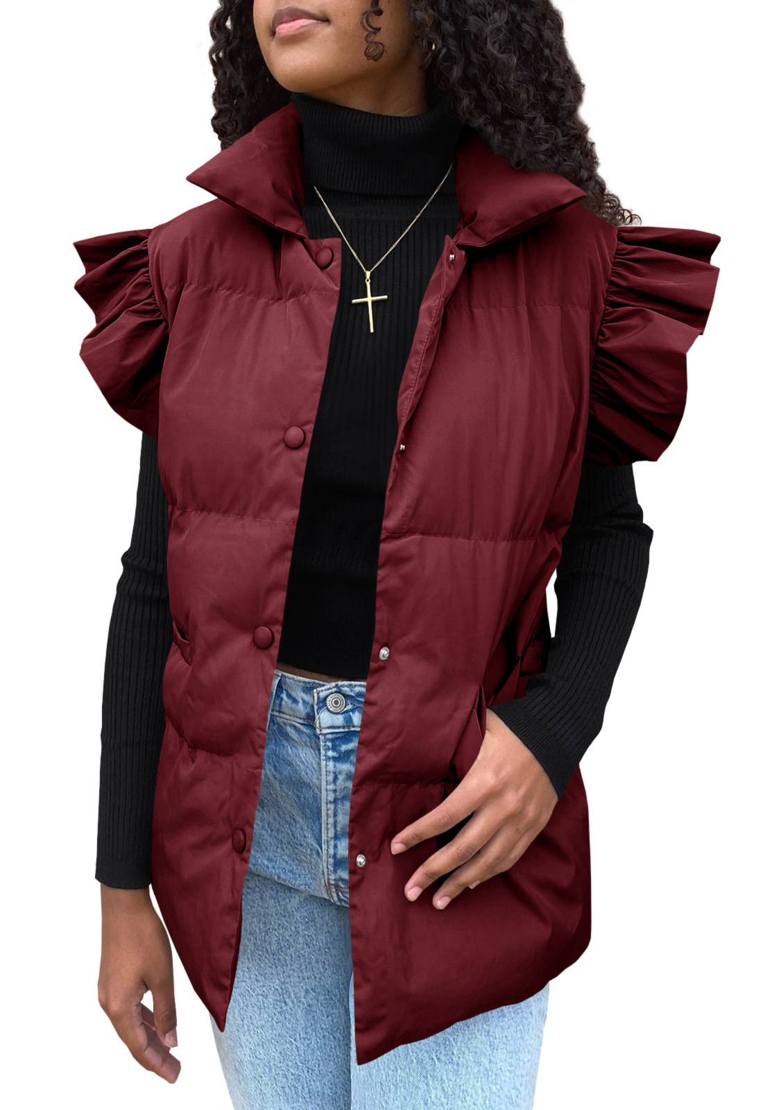 Grenzüberschreitende europäische und amerikanische Herbst- und Winterneuheiten mit lockerer Tasche und Baumwollpolsterung, fliegende Ärmel, elegante Weste, Stehkragen, Mode, Einreiher_voghion.com