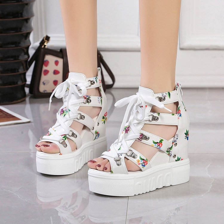 Fishmouth Sandals Women's Hollow Inner Height Breathable Mesh Shoes Platform Thick Bottom Wedge Heel High Heel 11cm Roman Student Sandals