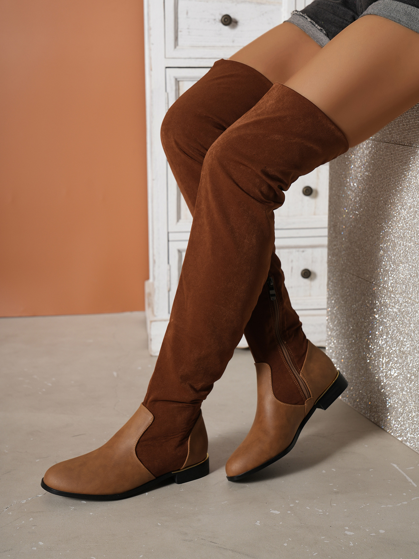 Over the knee μπότες γυναικείες νέες μεγάλου μεγέθους μακριές μπότες γυναικείες σουέτ μπότες μόδας με χοντρό τακούνι_voghion.com