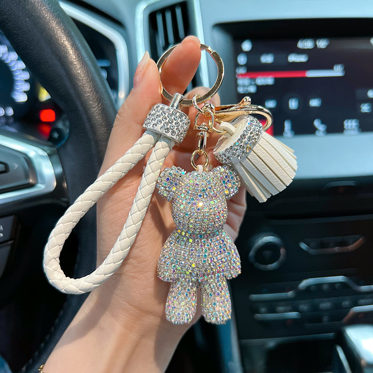個性鑲滿鑽小暴力熊鑰匙扣可愛編織繩流蘇汽車鑰匙鏈精緻禮物掛件