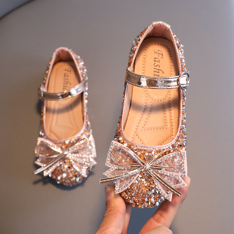 Girls Princess Crystal Shoes Small Leather Shoes 2022 Spring and Autumn New Fashion Bow Little Girls Children Shoes