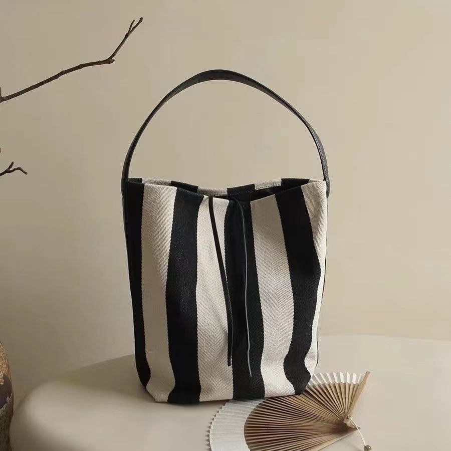 Striped canvas bag bucket bag women's large capacity bag women's New 2023 shoulder bag large bag women's bag