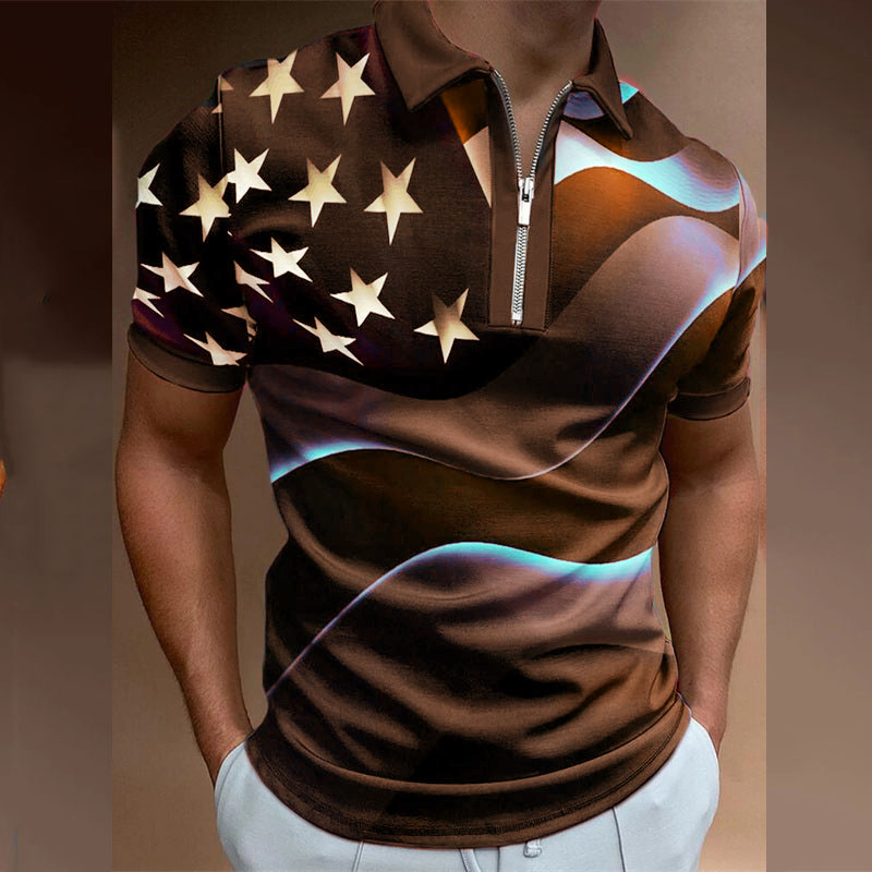 Cross-border 2023 Independent station spring and summer AliExpress Amazon new 3D printed short sleeve polo shirt zipper men's T-shirt