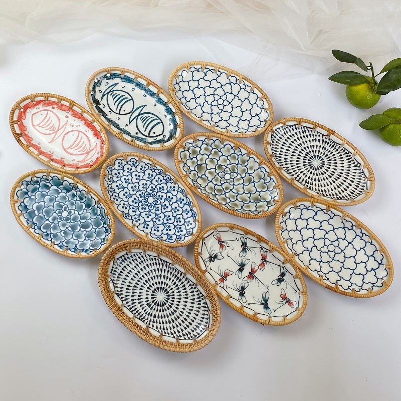 Vietnamese rattan woven snack basket storage tray woven fruit and dessert basket dining table INS Japanese ceramic storage basket