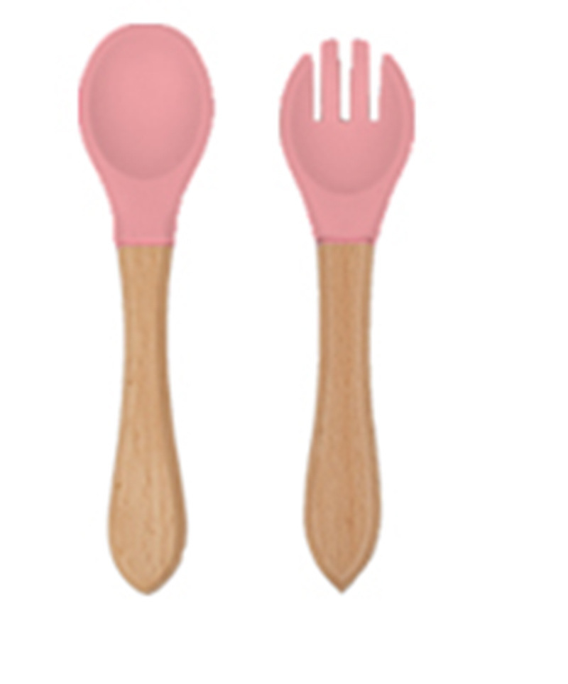 Pink-wooden handle silicone fork spoon