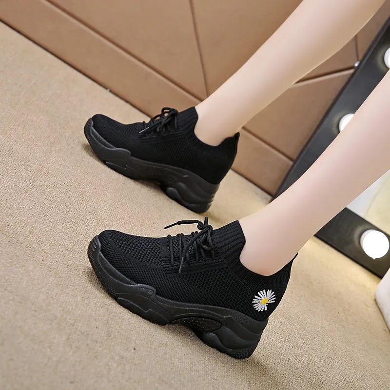 Hidden height increasing white shoes for women 2023 new spring flying woven mesh casual sneaker breathable platform daddy shoes summer