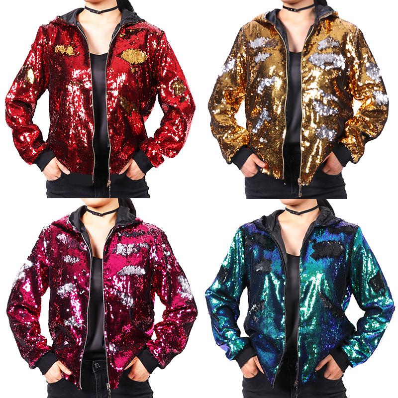 Amazon autumn and winter new women's flip sequined jacket hooded baseball uniform European and American shiny jacket parka suit