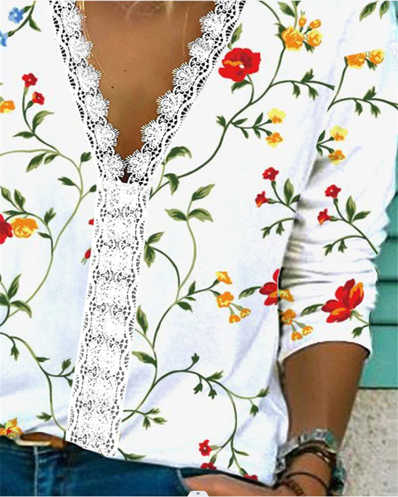 Spot 2022 Autumn Cross-border Independent Station Amazon Hot Women's Lace Casual Flower V-neck Top
