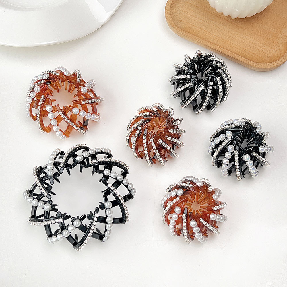 Korean Style Water Crystal Bird's Nest Bun Hairpin Hot Selling Braided Hair Flower Bud Hair Clip Lazy Person's Tool Hair Accessory Headpiece 