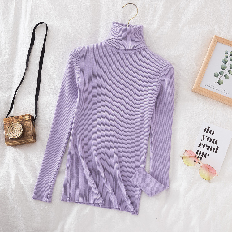 Cross-Border long sleeve high collar base shirt solid color Korean pullover sweater (24 color spot) knitted base shirt sweater