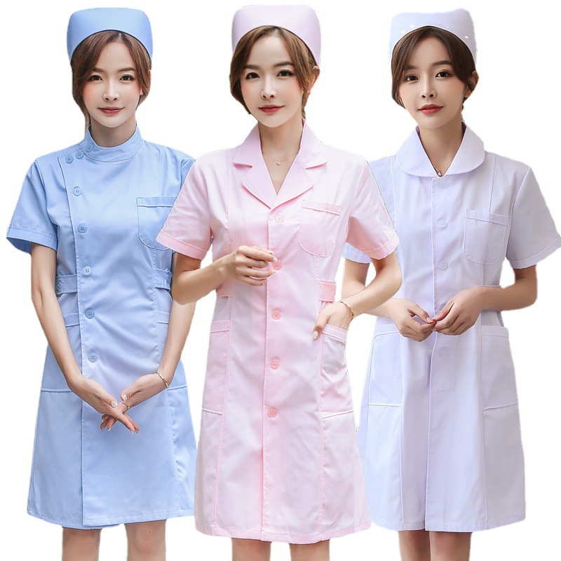 Nurse clothes summer short sleeve women's round neck white gown long sleeve thin pink doll collar overalls suit uniform