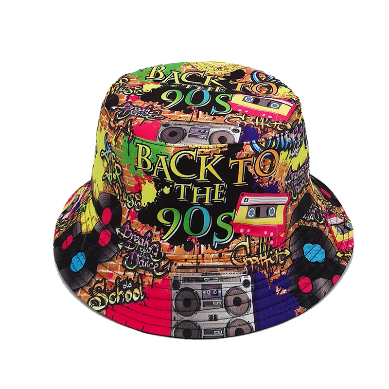 Chapeau de pêcheur à motif de ruban adhésif rétro nostalgique européen et américain des années 80 et 90 pour femme, chapeau de protection solaire d'extérieur double face pour printemps et été_voghion.com