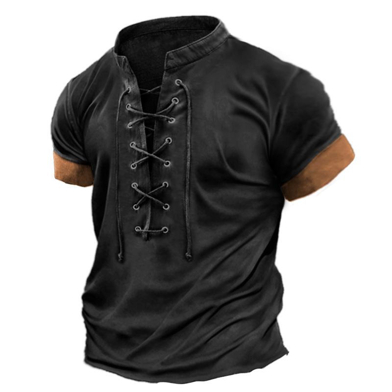 Men's Cross-border Large Size Retro Lace-up Casual Color Matching Short-sleeved T-shirt