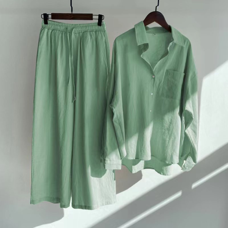 Cross-border  Women's 2-piece Vintage Plus Size 2022 Cotton and Linen Shirt Set High Waist Loose Trousers_voghion.com