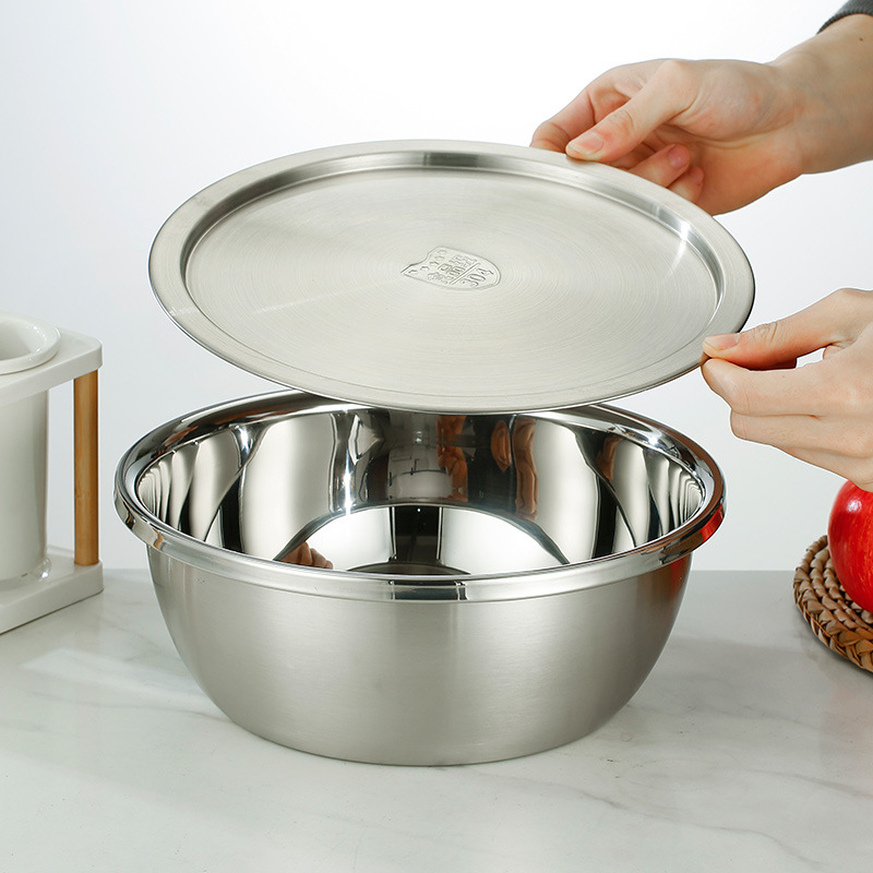 304 stainless steel basin with lid thickened round basin egg beating basin and basin seasoning basin vegetable washing basin factory wholesale
