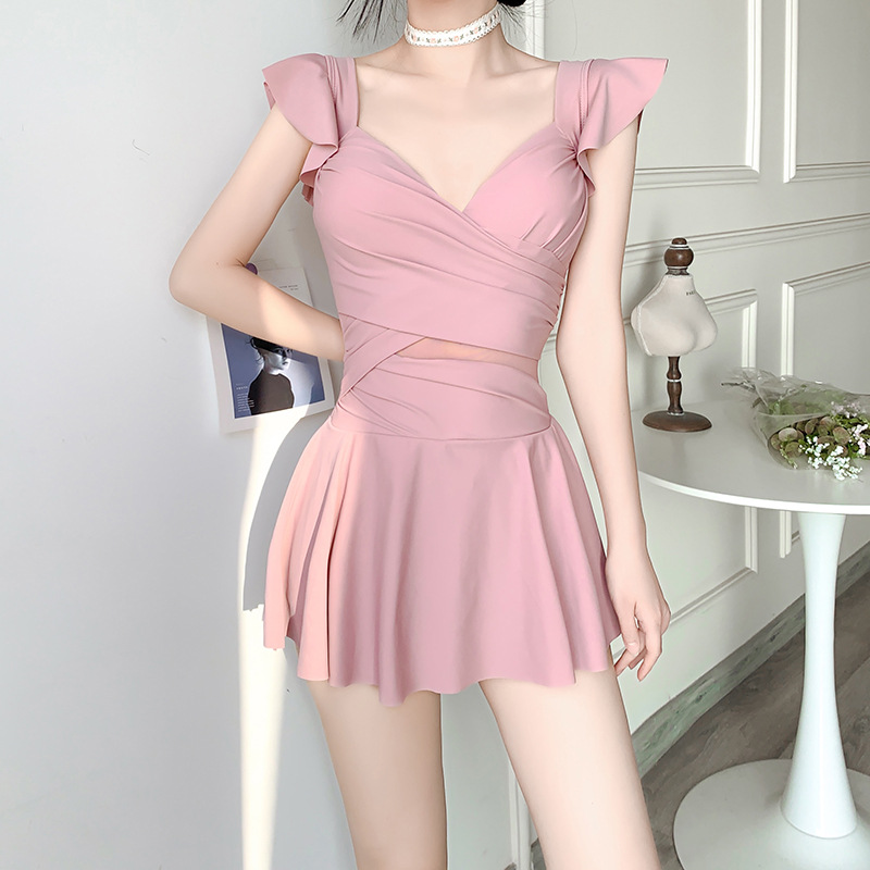 One-piece Swimsuit Female Xia Chun Wants Wind Explosions Conservative Skirt Belly-covering Slimming Small Chest Gathering Hot Spring Swimsuit