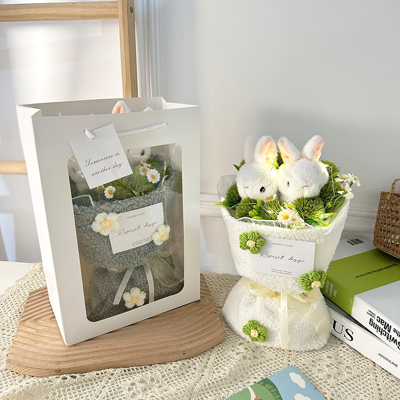 Online celebrity rabbit grass-eating doll plush bouquet Valentine's Day hand-woven bouquet with light for girlfriend