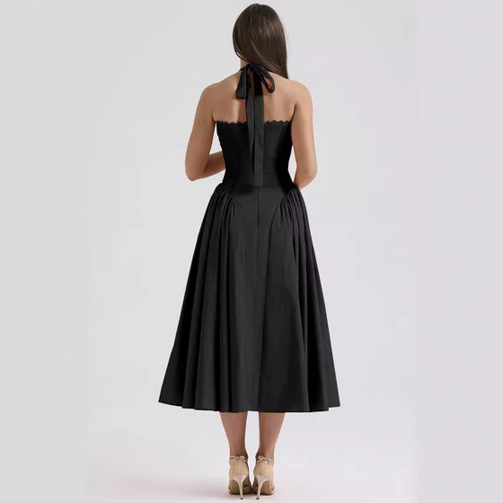 2025 New Summer Slim Sling Long Dress European and American Style Fashion Printed Neck Lace dress