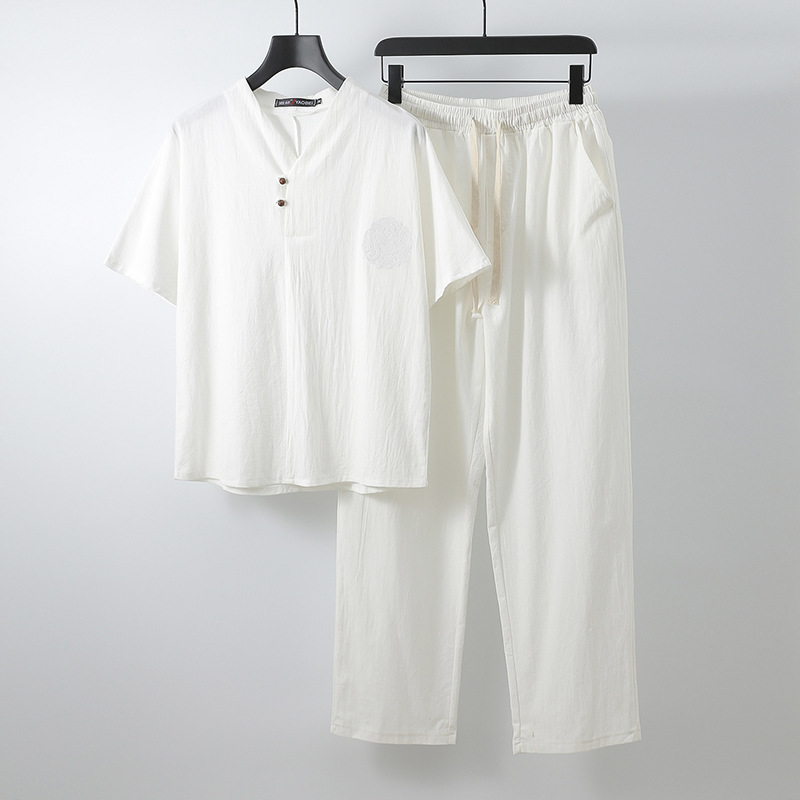 Cotton and Linen Suit Men's Summer V-collar Brand Two-piece Set Chinese Style Large Size Clothes Casual Men's Linen Short-sleeved T-shirt