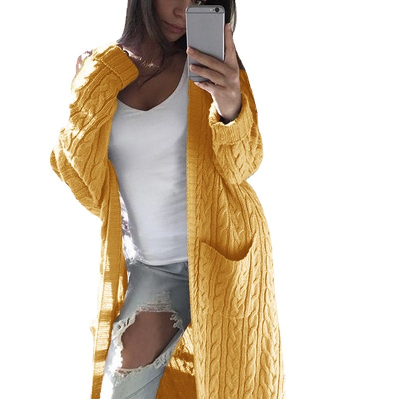 Popular Autumn and Winter Women's Outer Wear Amazon Knitted Sweater European and American Style Long Double Pocket Twist Women's Cardigan Sweater