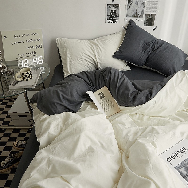 Ins Style Solid Color Double Wash Cotton Bed Four-piece Set Student Dormitory Bed Sheet Quilt Cover Bed Hat Three 3-piece Set