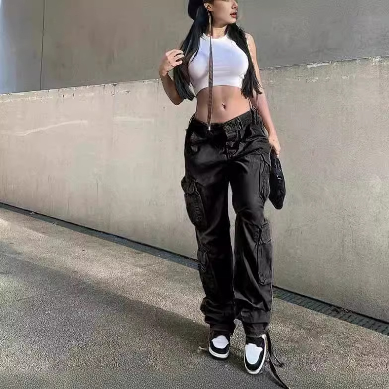 Europe and the United States new foreign trade cross-border women's street hip-hop style low waist multi-pocket multi-pocket overalls casual pants long