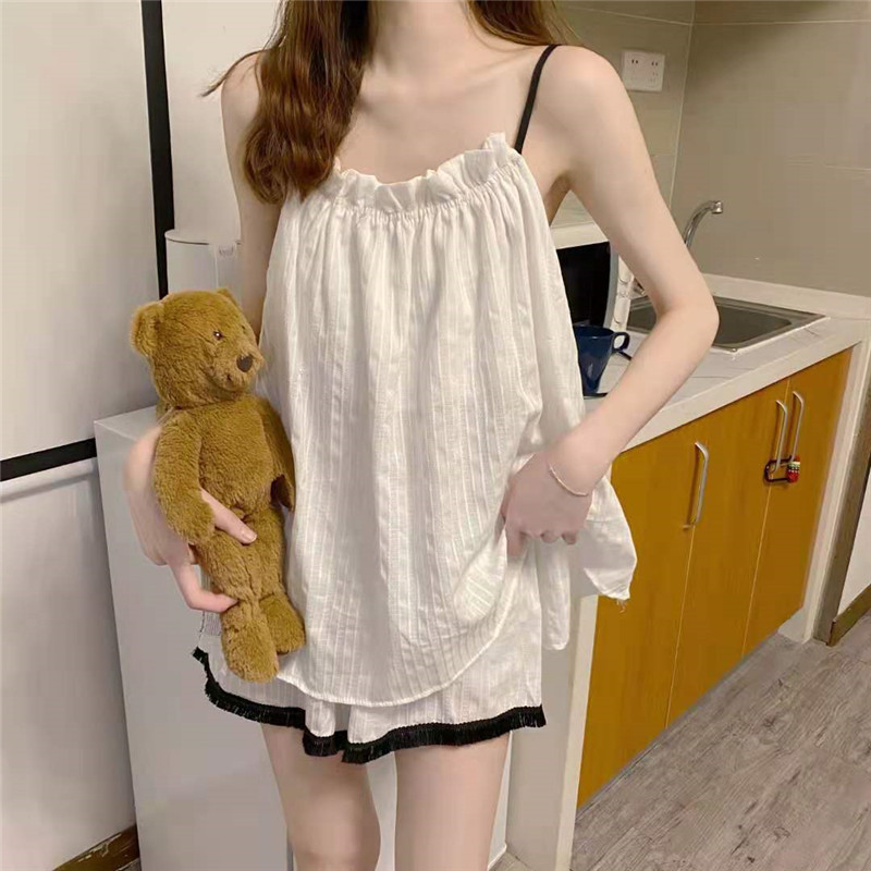 Pajamas Women's Sling Summer Pajamas Bubble Wrinkle 2023 New Two-Piece Internet Celebrity Popular Home Clothes Suit for Outer Wear