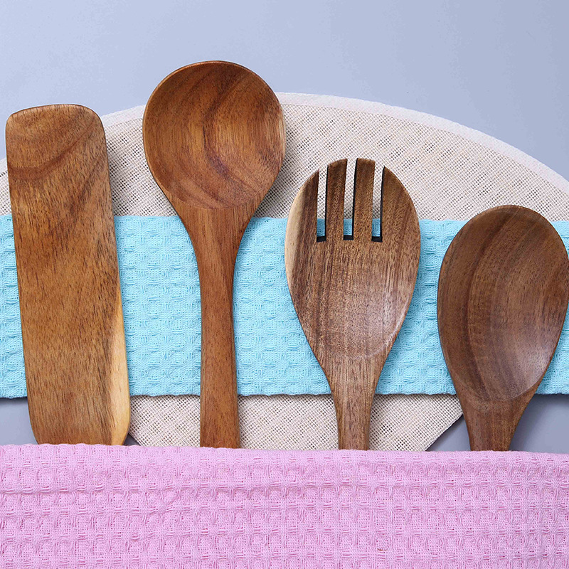 Acacia wooden spoon shovel combination suit teak wooden long handle spoon log salad stirring spoon Fork in stock logo