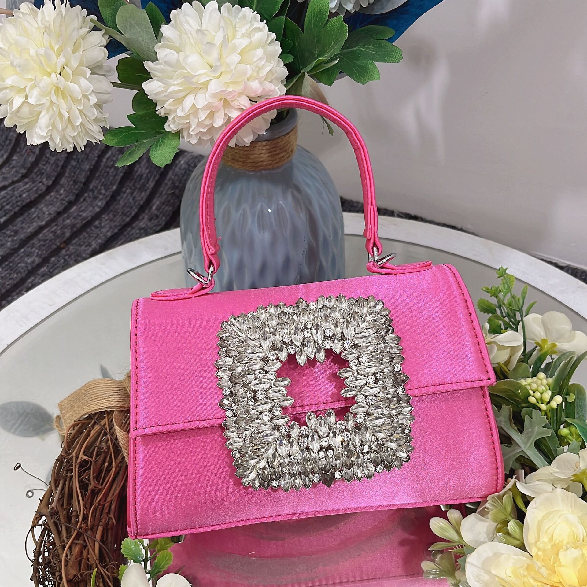 24 New Women's Bag bring Super Flash Diamond Small Square Bag Satin Square Rhinestone Fairy Bag Shoulder Crossbody Handbag