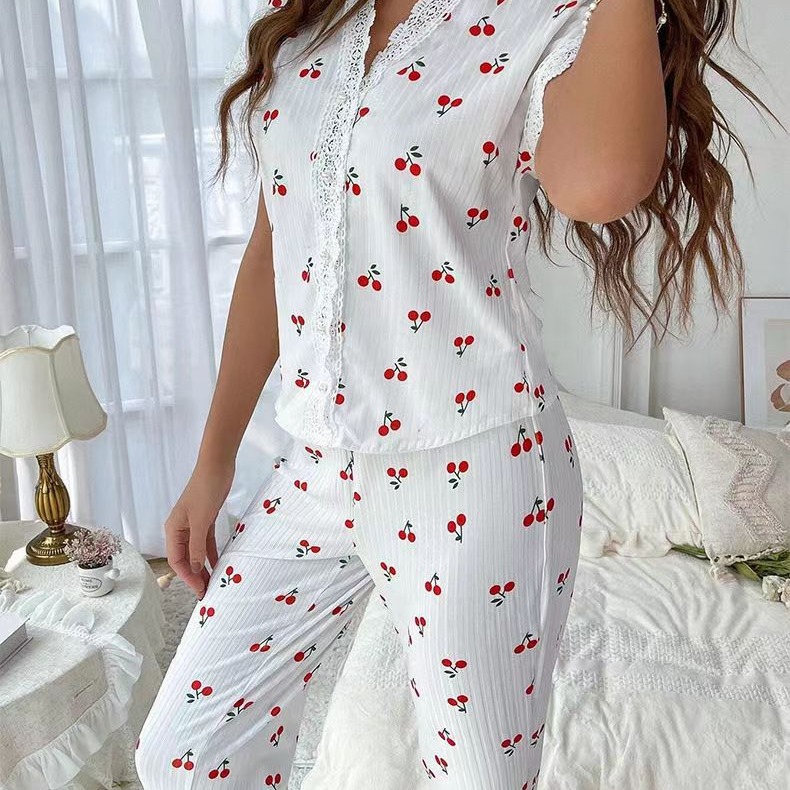 European and American Cross-border Hot-selling Home Clothes Cherry Printed Long-sleeved Lapel Pajamas Women's Outer Wearing Pants Two-piece suit
