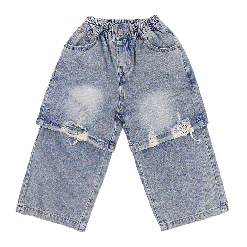 Autumn 2024 New Korean Style Children's Stitching Ripped Casual Boys Jeans Baby Loose Trousers Trendy