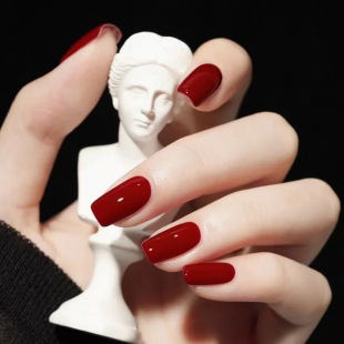 Mid-length European Square solid color wine red bright oil nail beauty white holiday atmosphere fake nail wear nail piece