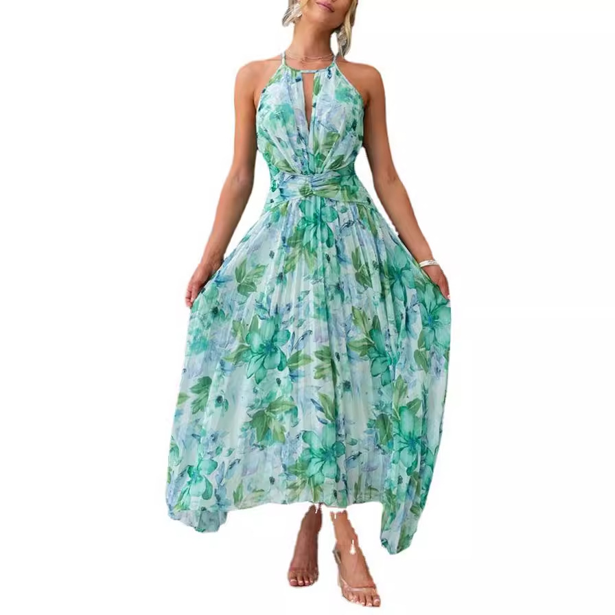 Cross-border Independent Station Amazon 2023 Summer Women's Hanging Neck Sleeveless V-Neck Printed Large Swing Dress