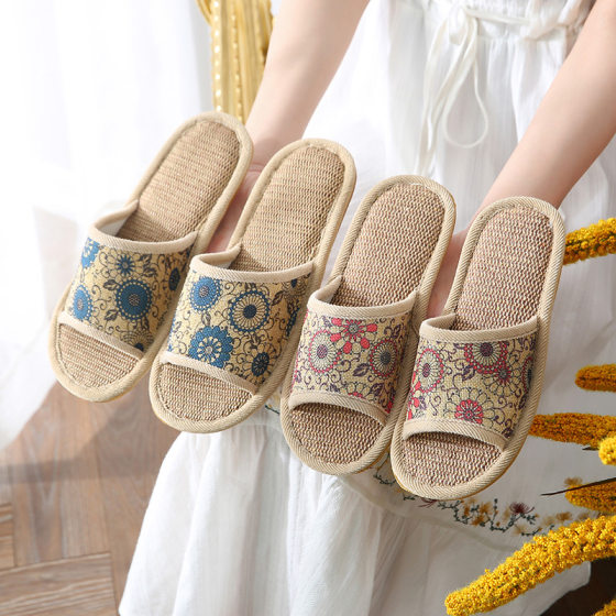 Summer Home Bedroom Thick-soled Floral Linen Slippers for Women and Men Couple Home Non-slip Wear-resistant Household Cloth Slippers