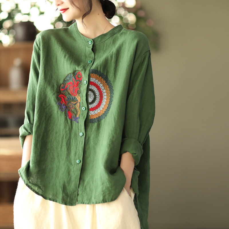 Casual Large Size Artistic Cotton and Linen Long-sleeved Shirt Women's 2023 Spring and Autumn New Loose Slim Embroidered Top Base