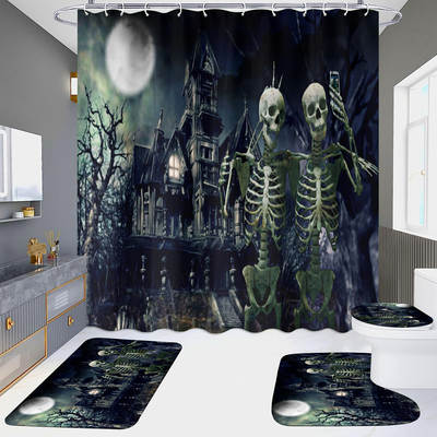 Cross-border Direct Supply Shower Curtain Four-piece HD Waterproof Punch-free Bathroom Hotel Toilet Partition Curtain Halloween Skull