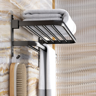 Folding Bath Towel Rack Toilet Punch-free Space Aluminum Toilet Storage Rack Suction Cup Hanging Rod Nail-free Bathroom Towel Rack