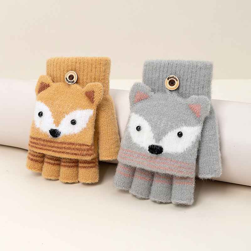 Children's Winter Half Finger Flip Cartoon Knitted Warm fleece-lined Finger Cute Boys Gloves Wholesale Girls Cold