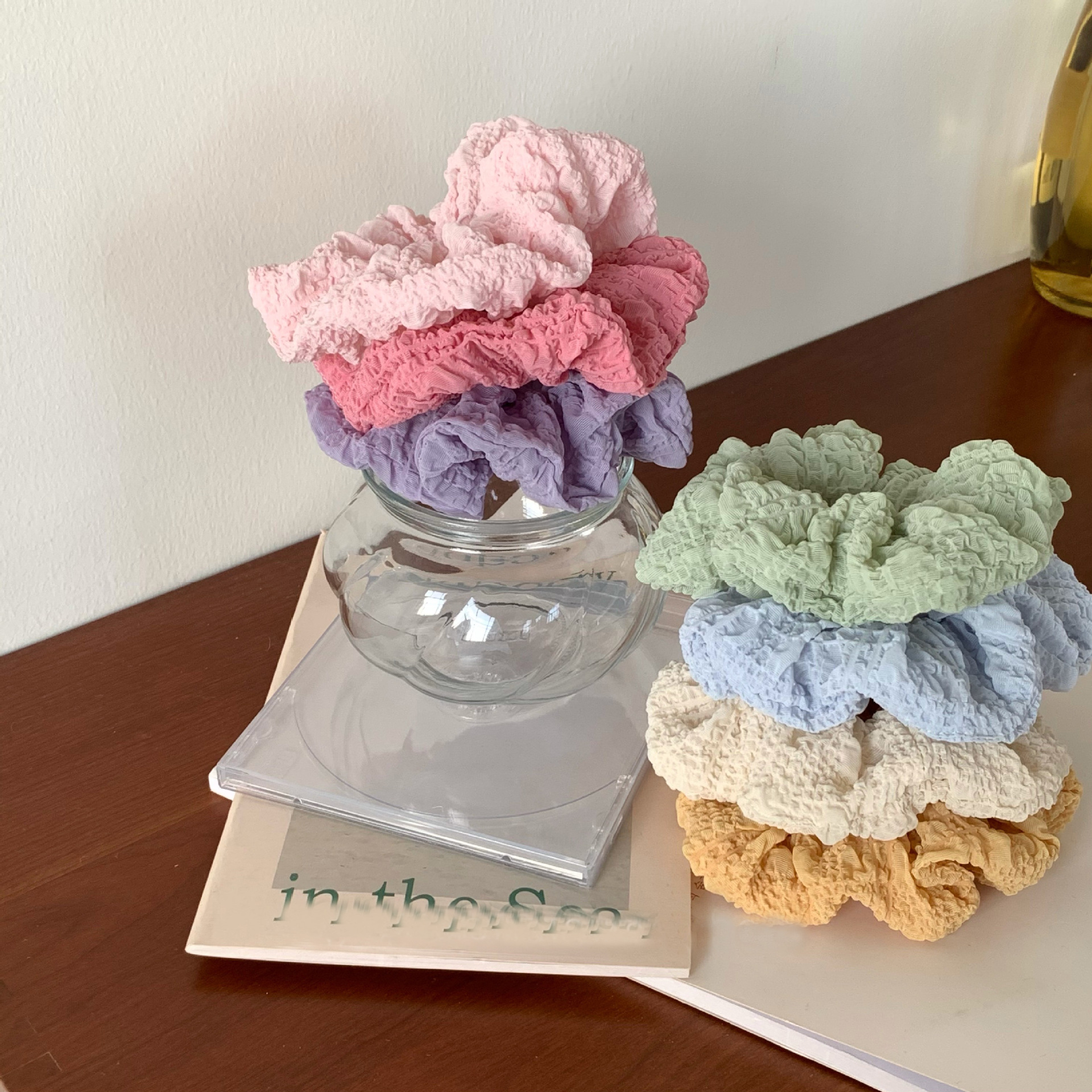 High-grade Cream Puff Fold Large Intestine Hair Ring Spring and Summer Solid Color Simple Wrinkle Fresh Candy Color Fat Intestinal Ring for Women